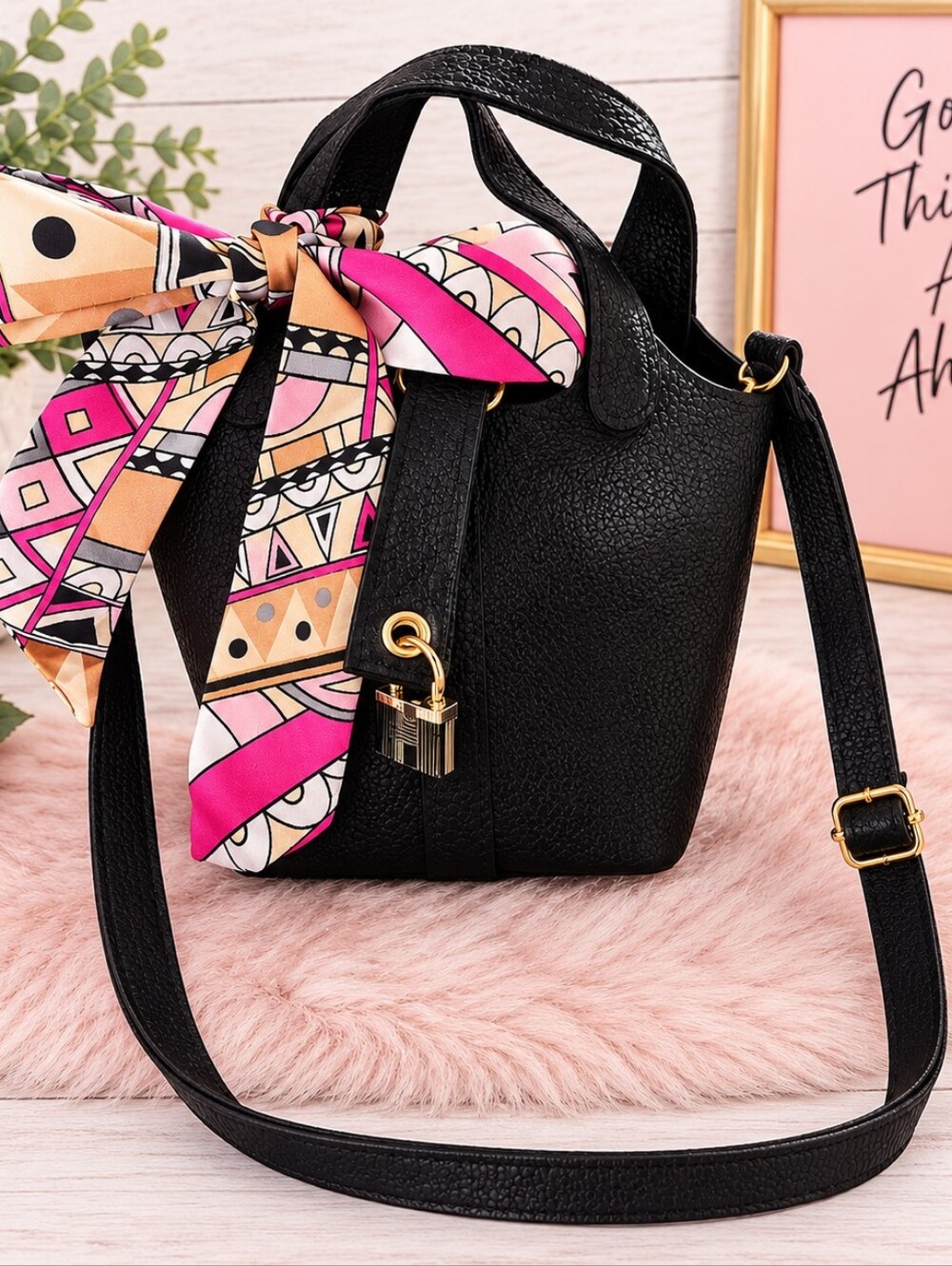 Black Mini Tote / Crossbody Bag with Scarf-Vegan Leather
